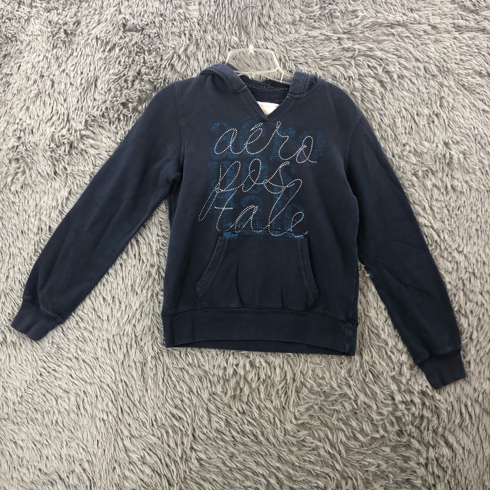 Aeropostale Hoodie Womens Large Spellout Navy Blue Hoodie Pullover Kangaroo